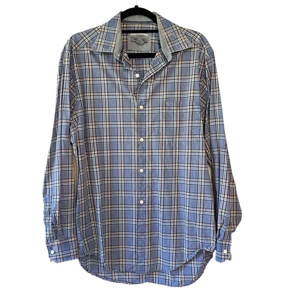 Johnston & Murphy Cotton Plaid Casual Button Down Shirt Blue Plaid L